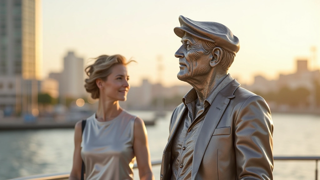 Monumento conmemorativo de acero inoxidable en Puerto Madero con vista al río y edificios históricos al fondo