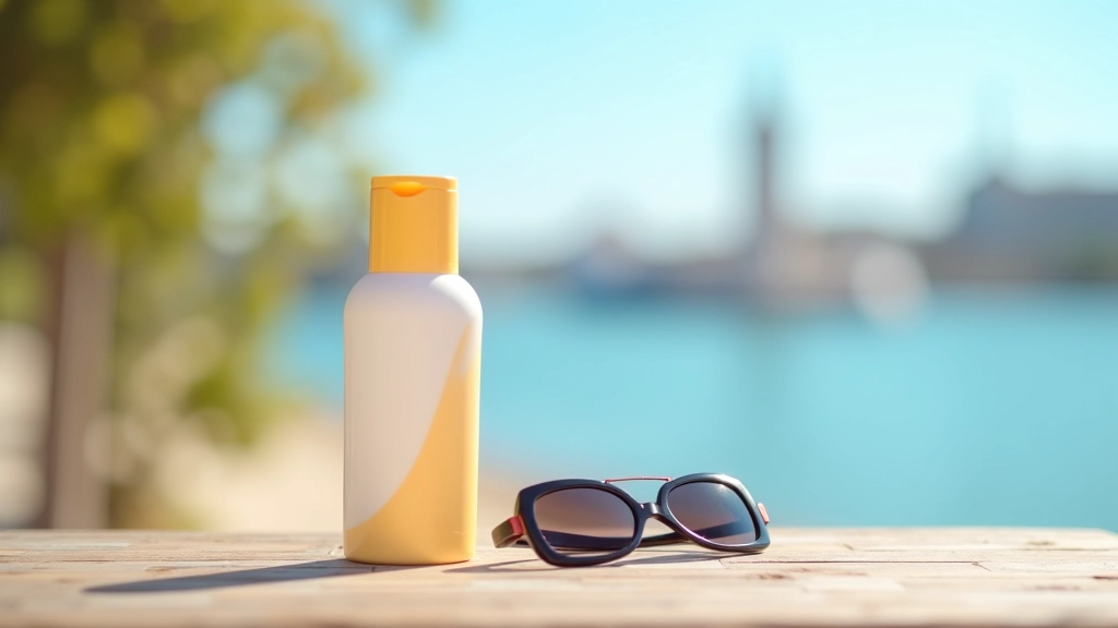 Botella de protector solar y gafas de sol sobre una mesa de madera con vista al río