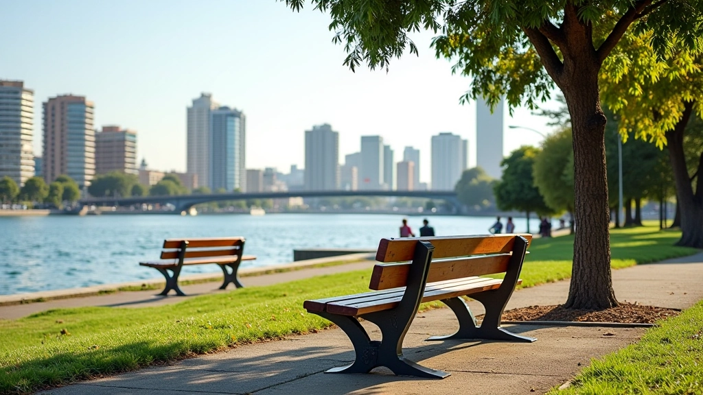 Banco de madera en parque ribereño con vista al río y edificios modernos de fondo